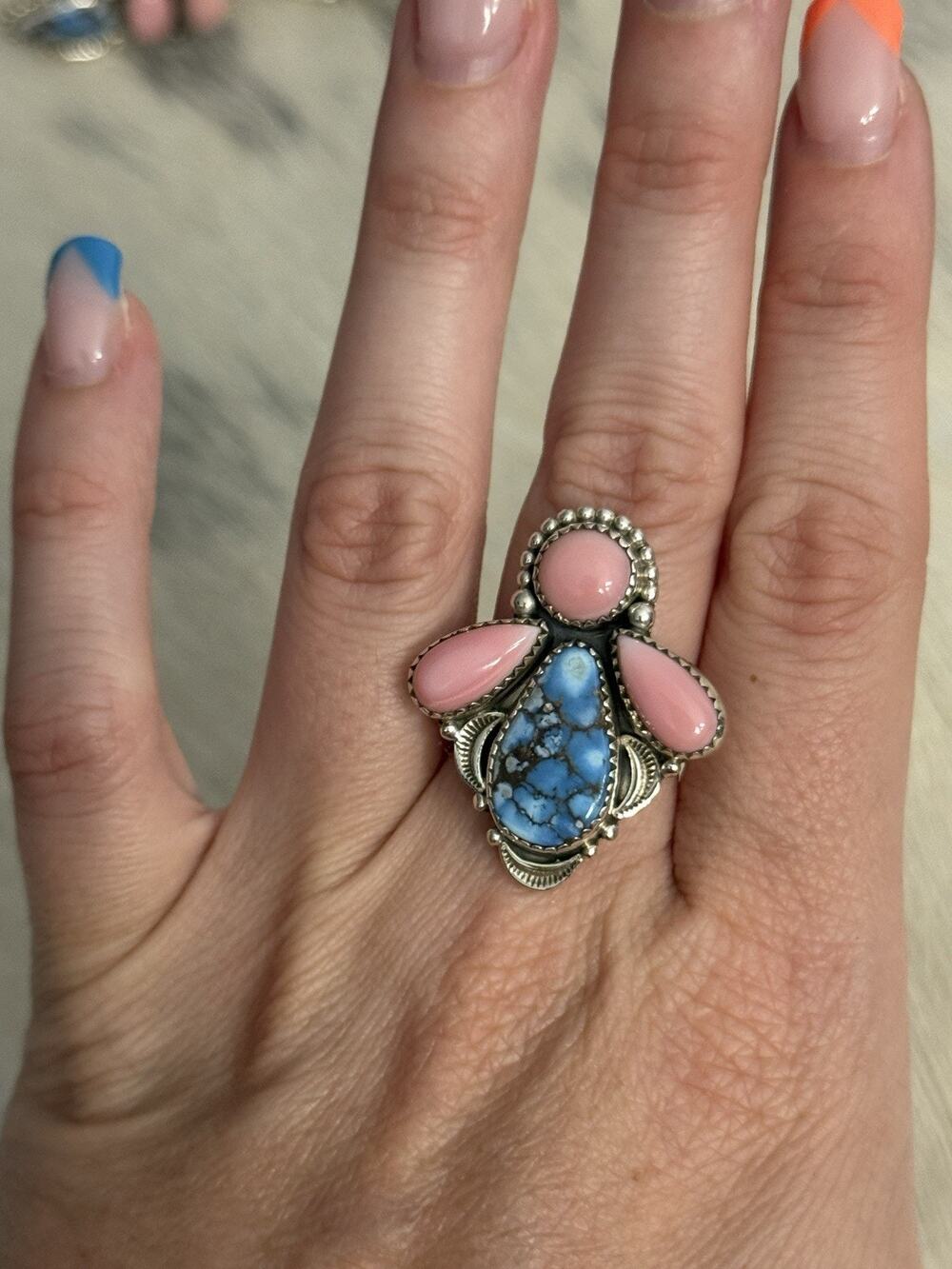 Sterling Silver Pink Conch & Golden Hills Turquoise 4 Stone Cluster Ring 925